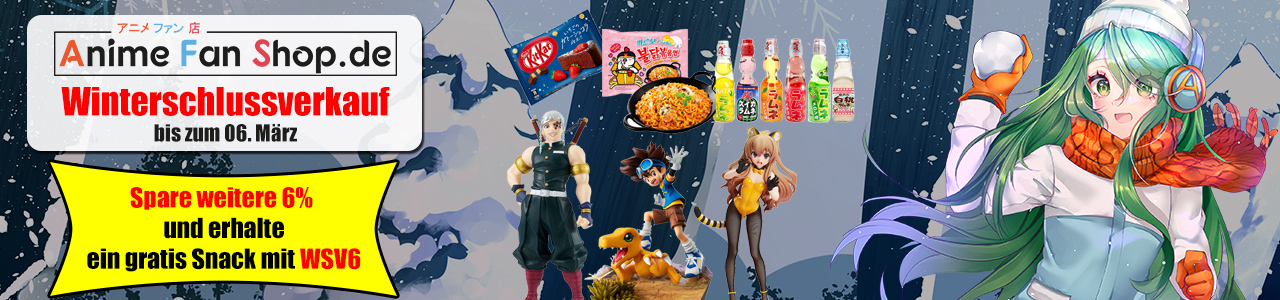 Winterschlussverkauf bei www.AnimeFanShop.de bis zum 06. März - Spare zusätzlich mit WSV6 ganze 6% auf ALLES + gratis Snack.